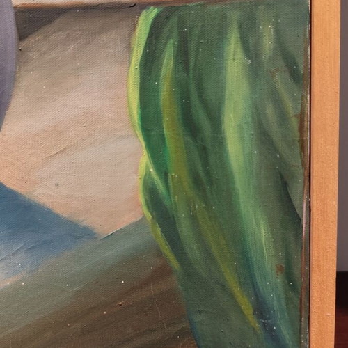 Oil painting on canvas used, flowers in window with wooden frame