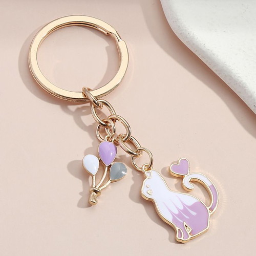 Cat Balloon Purple Cat Keychain new, white-purple
