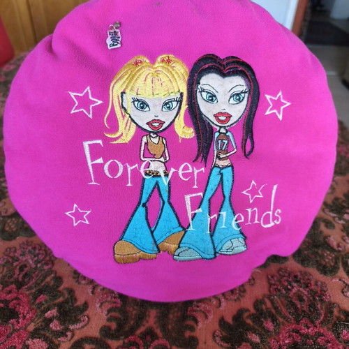 Bratz pillow and keychain used, pink embroidered Cloe and Jade