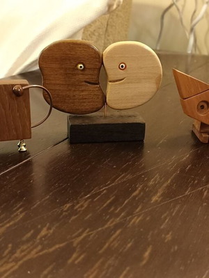 Handmade wooden decorative set with dog, cat and happy smiling faces, like new