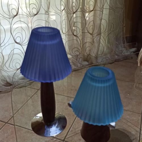 Set of 2 Glass Candlesticks with Wood and Metal Base, Blue and Light Blue