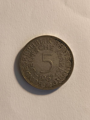 5 Deutsche Mark 1967 F coin used, silver