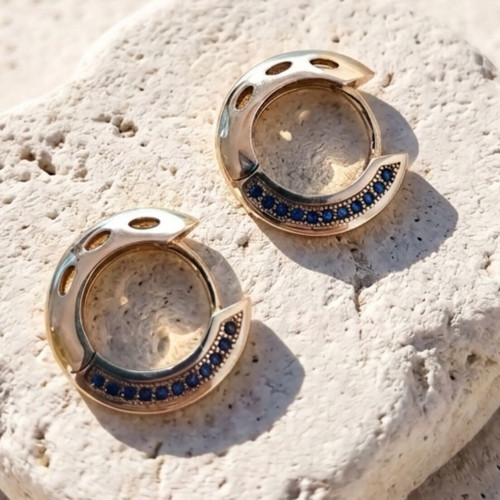925 Silver Earrings with Blue Zirconia, Gold Plated, New