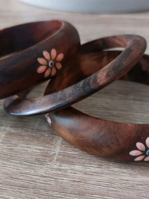 Set of 3 wooden bracelets with painted flowers like new