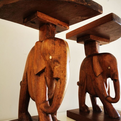 Handmade wooden carved elephant figurines set of 2 like new