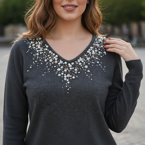 Leonard's women's blouse size L 42 gray with pearls and beads like new