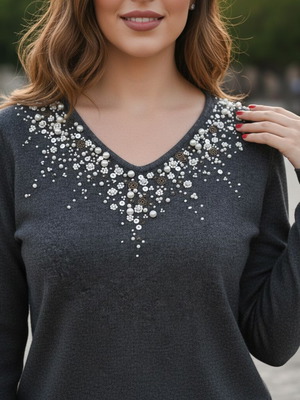 Leonard's women's blouse size L 42 gray with pearls and beads like new