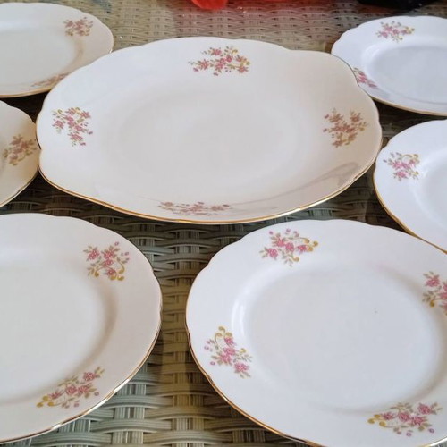 Vintage porcelain platter with six Bohemia Thun plates in excellent condition