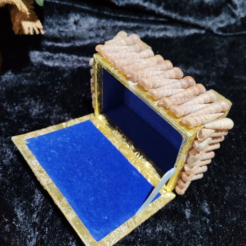 Vintage jewelry box with natural sea shells and royal velvet