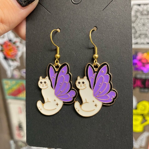 Fairy cat earrings new, steel, purple and gold
