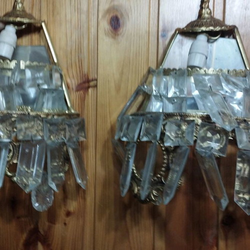 Brass wall lights used, set of 2 with glass, vintage
