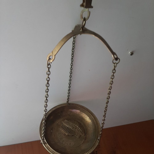 Vintage brass hanging steelyard balance with Parthenon design