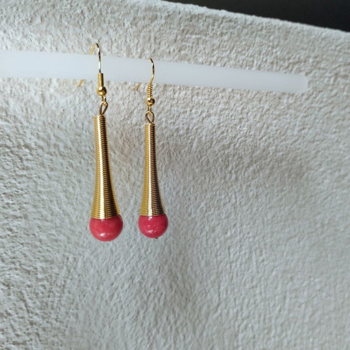 Dangle earrings elegant with genuine coral bead, new, orange and gold