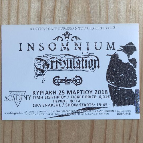 Insomnium Tribulation concert ticket like new, 25-3-2018
