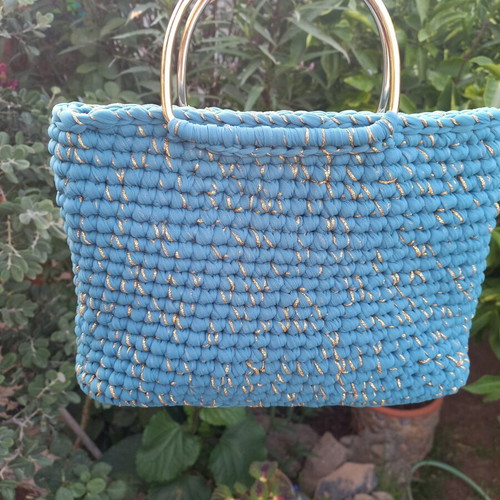 Handmade tulle bag in turquoise with gold handles