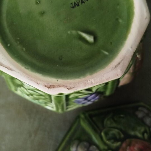 Vintage Japanese ceramic covered jar Majolica style