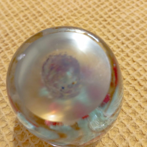 Vintage glass paperweight with handmade 3D red flower motif
