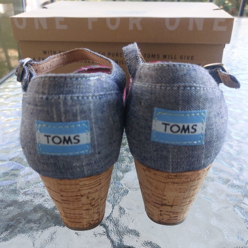 Toms platform sandals with cork and multicolor denim, like new