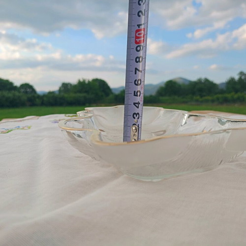 Glass platter small crystal clear with gold details unused