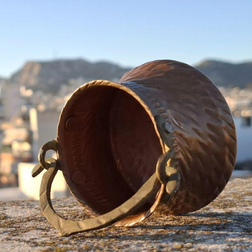 Copper miniature bucket used with hammered finish and metal handle