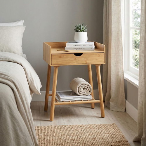 Κομοδίνα Bamboo MDF μασίφ ξύλο με συρτάρι, διάσταση 40x55x35 cm