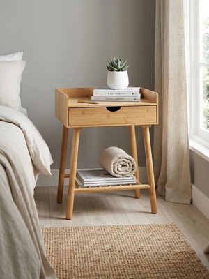 Κομοδίνα Bamboo MDF μασίφ ξύλο με συρτάρι, διάσταση 40x55x35 cm