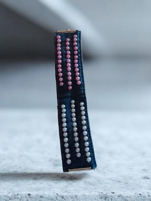 Handmade denim bracelet with white pearls and chain extension