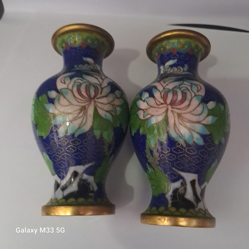 Pair of vintage cloisonné vases with floral design