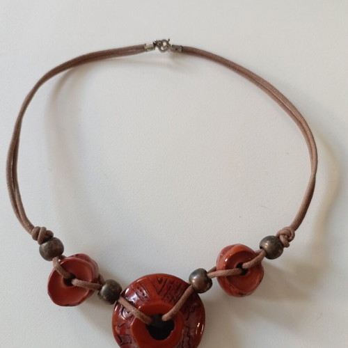 Boho Statement Pendant Necklace like new with terracotta red beads on brown leather cord