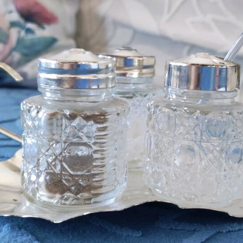 Salt and pepper set with mustard holder silver plated used