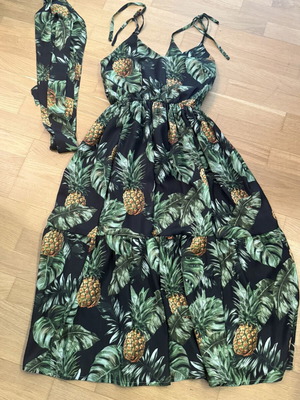 Black crepe satin dress with pineapples and adjustable thin straps with matching belt