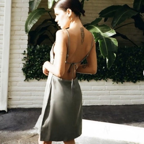 Zara khaki dress with open back, satin texture, XS