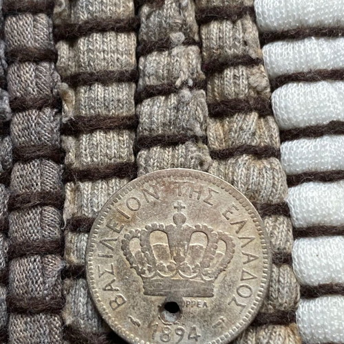 Greek 20 Lepta Coin 1893 used with hole, Kingdom of Greece