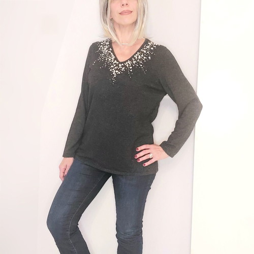 Leonard's women's blouse size L 42 gray with pearls and beads like new