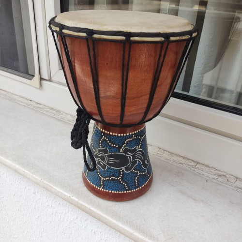 Djembe drum used, traditional carved wood, 30cm height