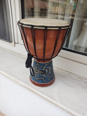 Djembe drum used, traditional carved wood, 30cm height