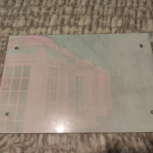 Tempered glass table top used with London print and metal supports