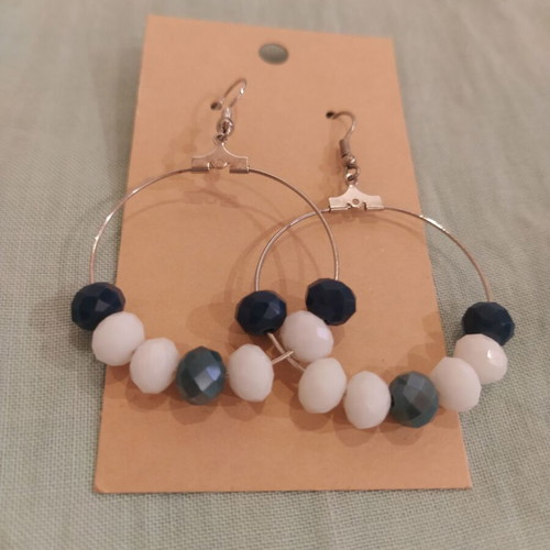 Hoop earrings new with white and petrol faceted beads