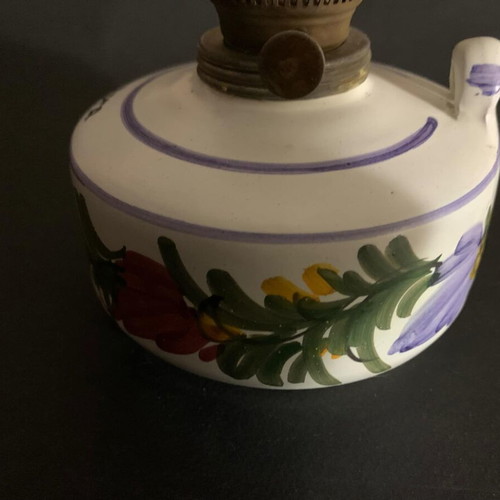 Vintage handmade oil lamp used, hand-painted clay from Parga