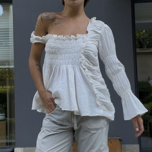 Maison Mume Handmade Asymmetric Off-Shoulder Ruched Top like new, cotton linen mix