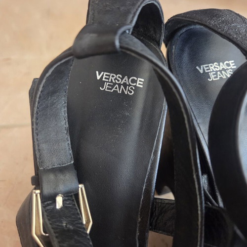 Versace Jeans Black Leather Wedge Platform Sandals like new