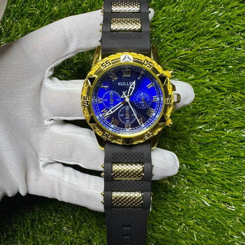 Luxury Watch Gold Tone With Blue Dial And Rubber Strap New