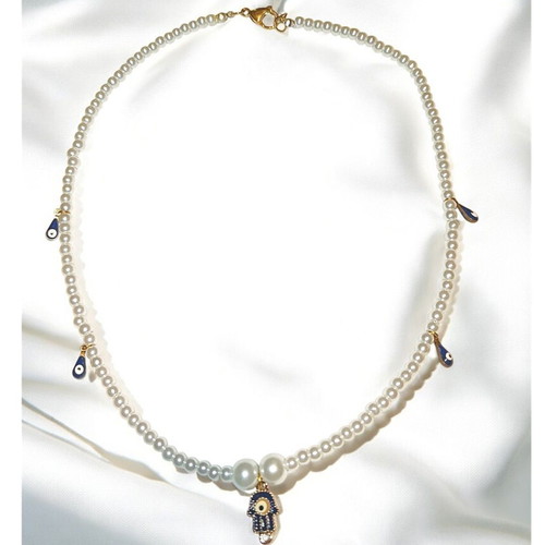 Handmade Hamsa hand necklace with evil eyes and white pearls new
