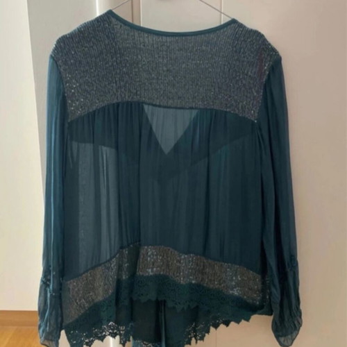 Silk boho blouse tunic with sequins and lace, one size