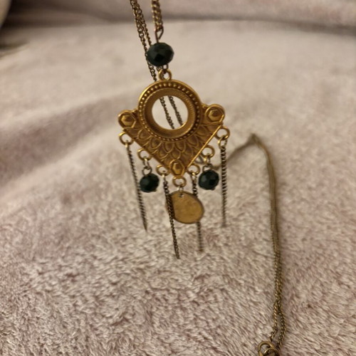 Boho Ethnic Long Necklace with Gold Pendant, Coin & Black Beads