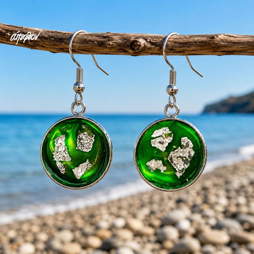 "Emerald Ripple" green and silver earrings with enamel and aluminum foil, Apefthon