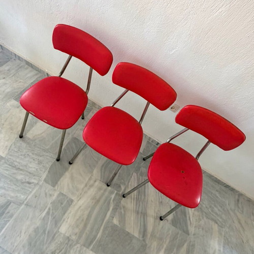 Vintage retro chairs set of 3 with red leather seats refurbished