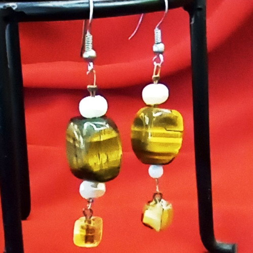 Vintage Handmade Tiger's Eye And Pearl Earrings 6 cm, like new