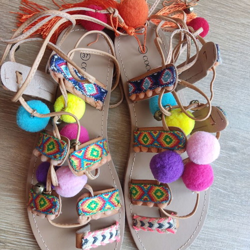 Boho chic festival sandals with pom poms, size 37