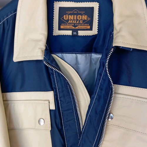 Union Mills leather jacket new, size XL, blue and beige
